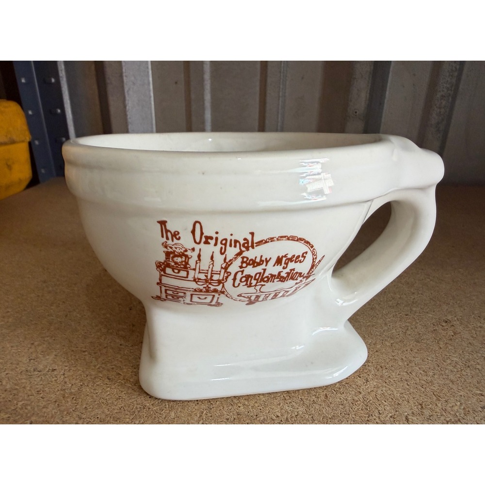 Vintage Bobby McGees Conglomeration Toilet Mug Ceramic Novelty White‎ Brown Logo